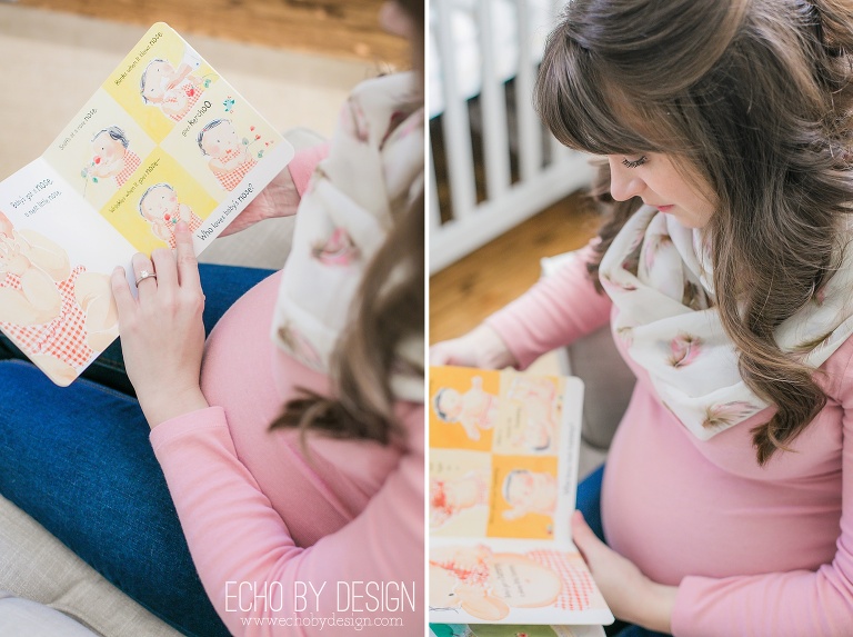 Pregnant Mom reading book in the nursery