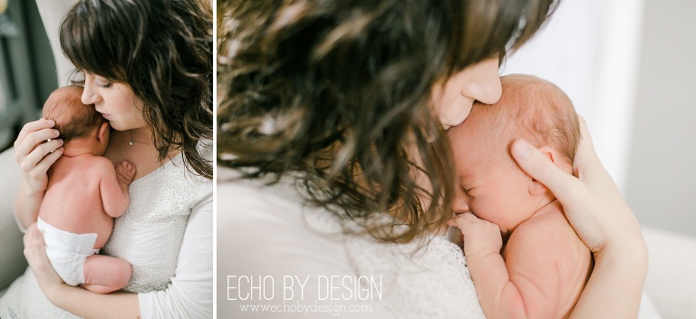 Mom kisses newborn son in nursery lifestyle session