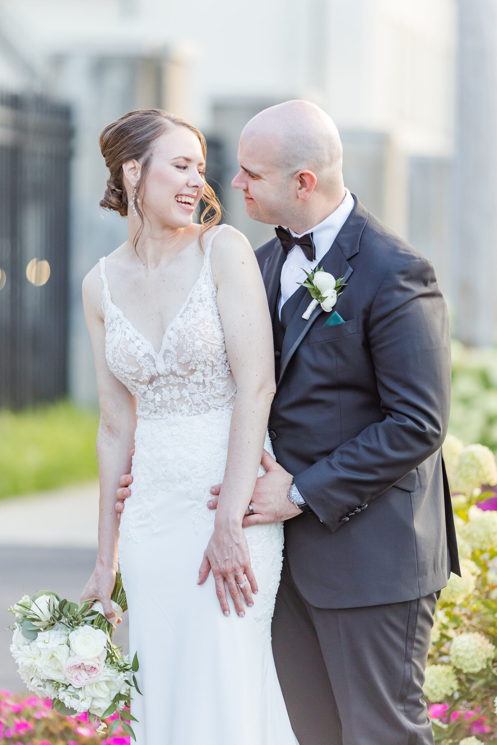 Bride and Groom Smiling at Each Other
